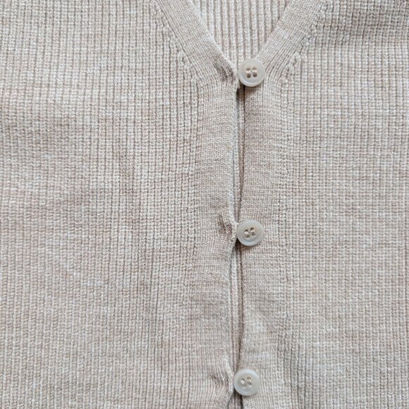 Beige Super Soft Open Front Button Peekaboo Sleeveless Vest Sweater Top Shirt - Picture 2 of 7